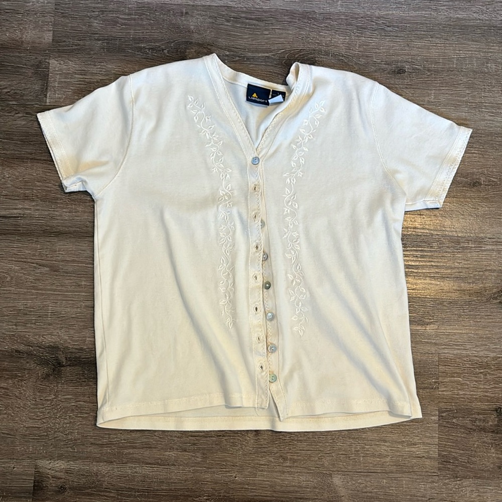 Ivory Vintage Embroidered Lizsport Cardigan Button Down Large Shell Buttons